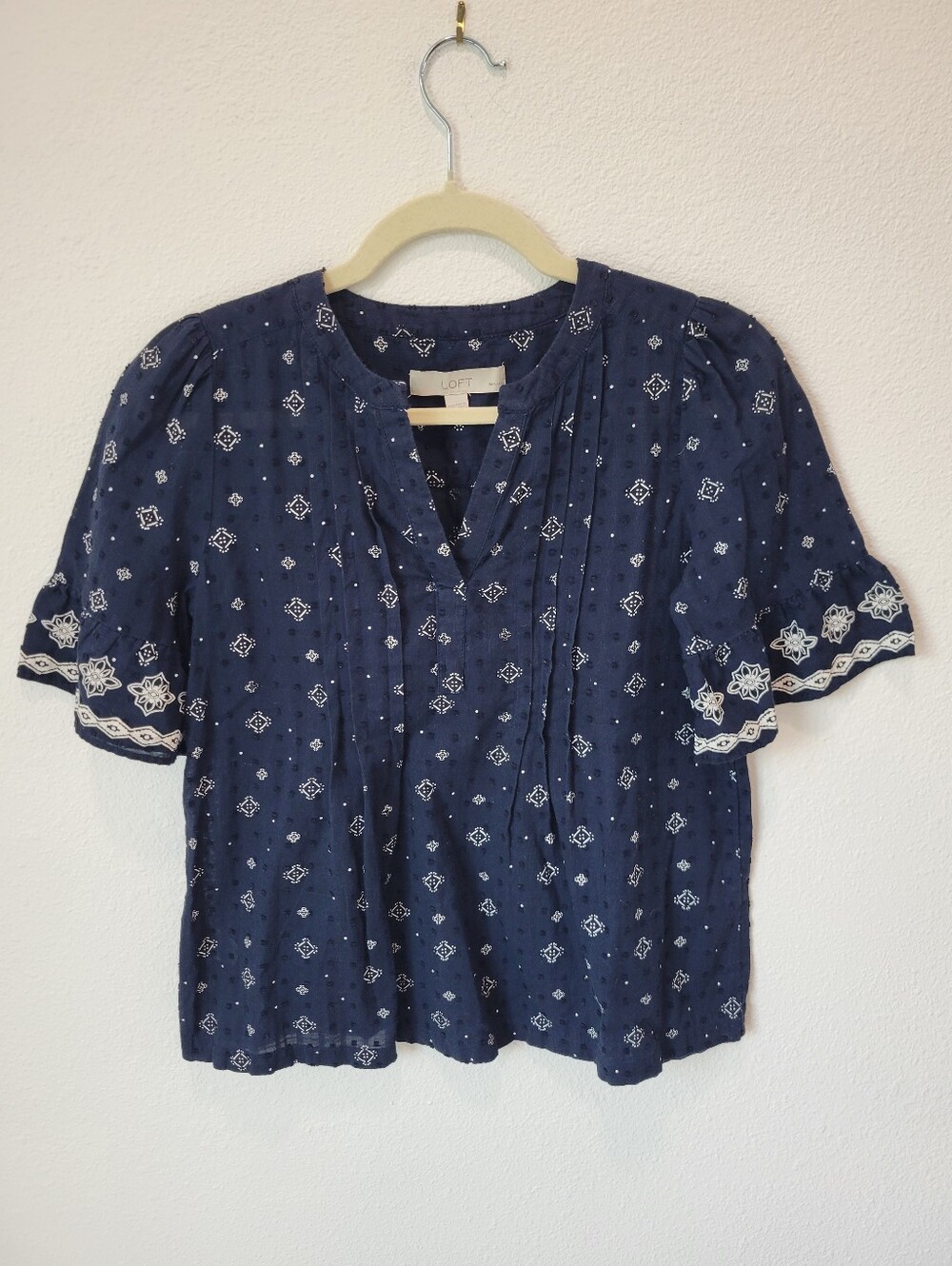 LOFT XXSP Cotton Swiss Dot Boho Blouse Blue Geometric V-Neck Top